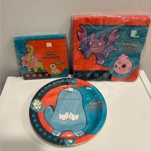 Vintage Pokemon paper plate and napkin Set Red and Blue 2000